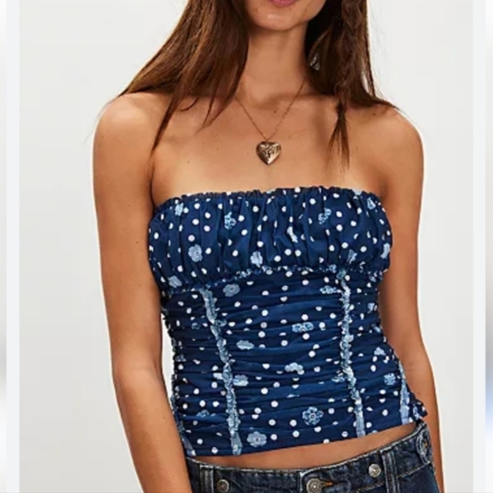 Free People NWOT Scottie Tube Top in Navy Polka Dot sz XS